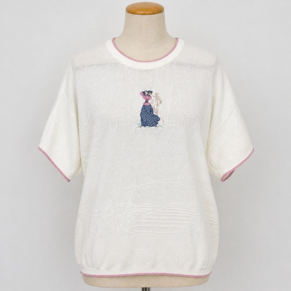 Vintage Cotton Harbor Golf Sweater Women L White Pink Trim Embroidered Golfer...